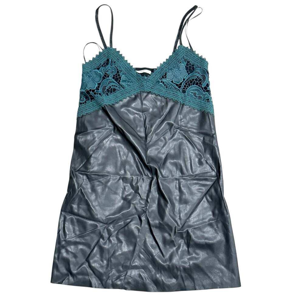 Womens Zara TRF Faux Leather Crochet Lace Trim Slip Dress in Black and Teal